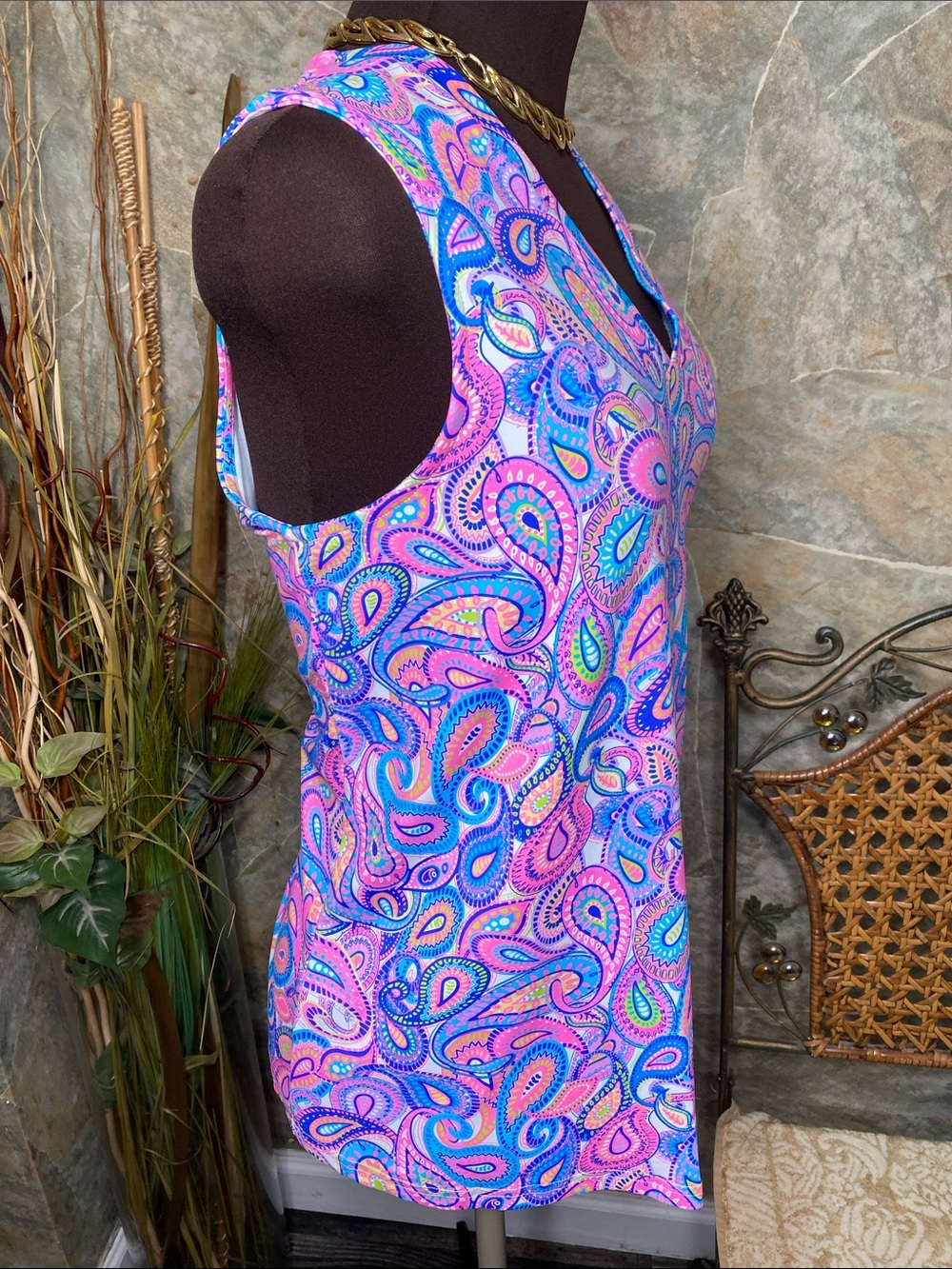 Lulu B shirt top blouse tunic sleeveless V-neck colorful paisley travel resort - Picture 3 of 8